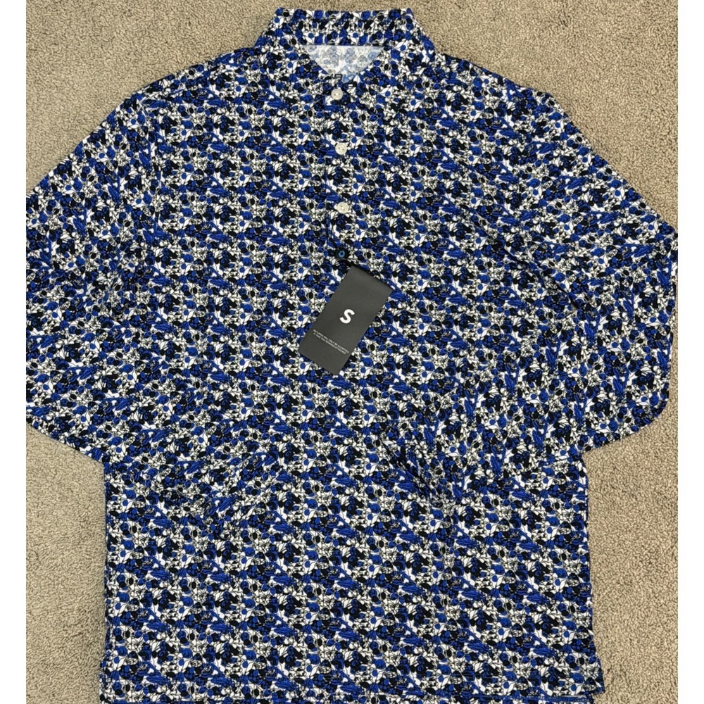 IBKUL Mens Small Polo Shirt Long Sleeve Blue Black‎ Chaos Print
